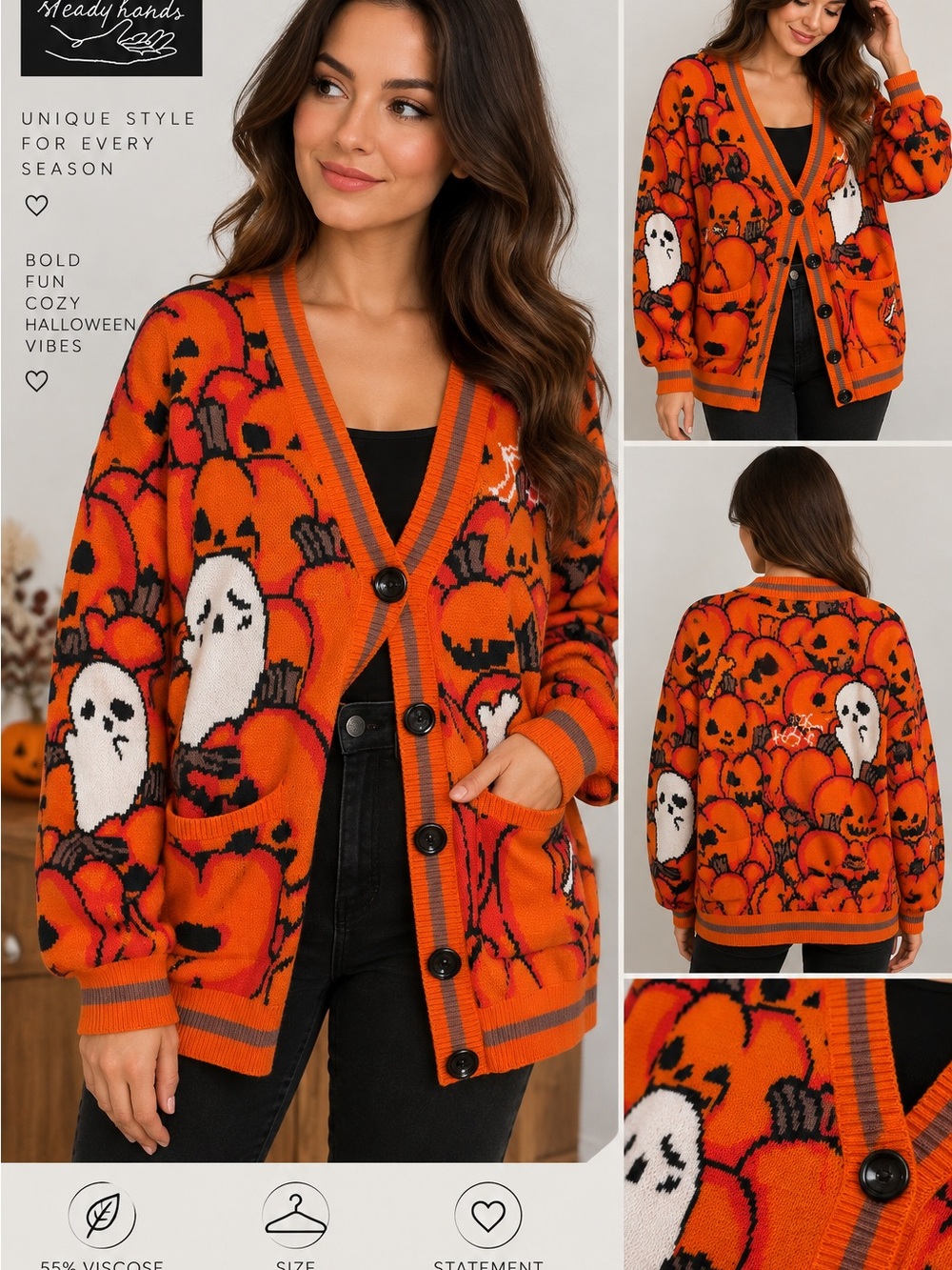 Steady Hands Halloween Pumpkin & Ghost Cardigan – Size M/L